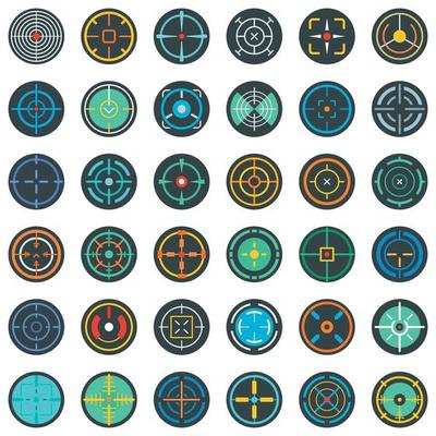 Crosshair target scope sight icons set, flat style