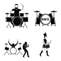 Drummer drum rock musician icons set, simple style vector