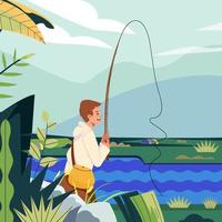 Fisherman Fishing On The River Concept vector