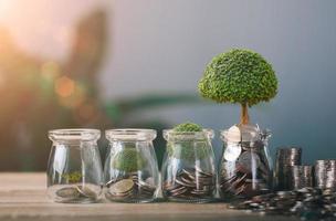 Glass jars with coins lined up on the table, photo