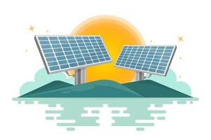 Solar cell system with nature elements design, Digital marketing illustration.
