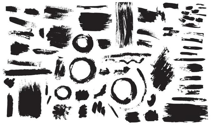 Vector elements ink design. Sponge stamps, splashes, dry brush marks, pastel pencil textures. Set of grunge black artistic brush stroke textures design elements for banner isolated on white background