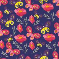 Floral background with butterflies, bright flowers seamless pattern. Vector illustration