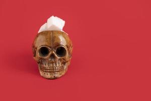 Human skull filled with refined white sugar cubes on a red background. Selective focus. Copy space. photo