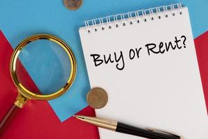 Buy or Rent the text is written in a white notepad, red background. photo