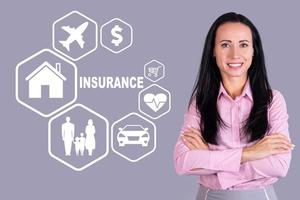 Concept for insurance, home, family, cars, health, travel, money, shopping with an attractive business woman. photo