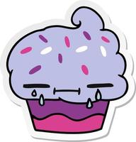 sticker cartoon of a crying cupcake vector