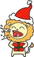 comic book style illustration of a roaring lion with gift wearing santa hat vector