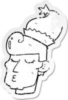 distressed sticker of a cartoon man wearing christmas hat vector