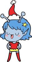 happy alien girl line drawing of a wearing santa hat vector