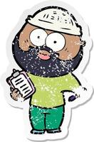 distressed sticker of a cartoon bearded man with clipboard and pen vector