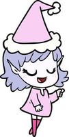 dibujo de línea feliz de una niña elfa señalando con sombrero de santa vector