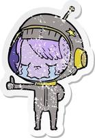 distressed sticker of a cartoon crying astronaut girl making thumbs up sign