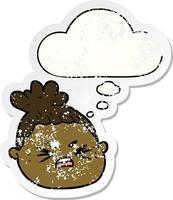 cartoon female face and thought bubble as a distressed worn sticker vector