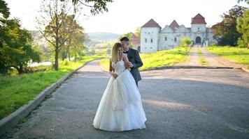 Newlyweds tenderness with each other on the background of the old castle. video