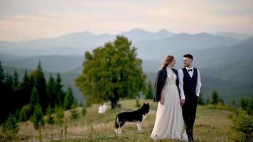 Newlyweds look at each other on a background of mountains. video