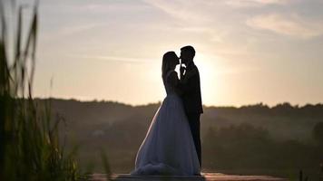 Die Jungvermählten küssen sich bei Sonnenuntergang. Silhouetten. video