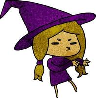 textured cartoon of a cute witch kawaii girl vector