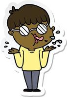 sticker of a cartoon boy wearing spectacles shrugging shoulders vector