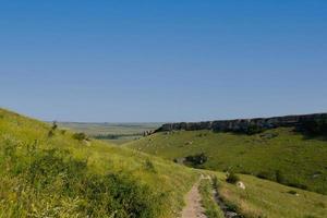 A picturesque view of the green steppe hills, pastures stretching into the distance. photo