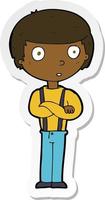 sticker of a cartoon staring boy with folded arms vector