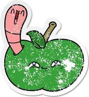 distressed sticker of a cartoon worm in happy apple vector