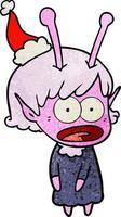 textured cartoon of a shocked alien girl wearing santa hat vector