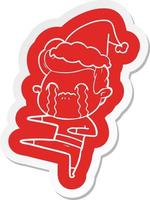 cartoon  sticker of a man crying wearing santa hat vector