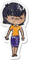 distressed sticker of a annoyed cartoon girl vector