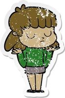 distressed sticker of a cartoon indifferent woman vector