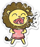 distressed sticker of a cartoon roaring lion in dress