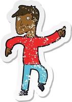 retro distressed sticker of a cartoon happy man pointing vector