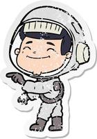 distressed sticker of a happy cartoon astronaut vector