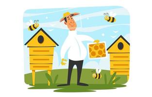 Happy Bee Keepers Character Holding Honeycomb vector
