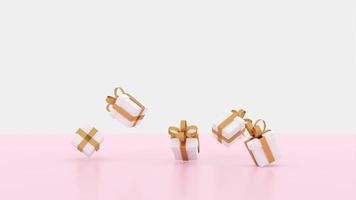 3D render afbeelding illustratie van witte geschenkdoos gouden lint voor viering op speciale dag. gelukkige vakantie decoratie verrassingskaart. concept geven verpakking liefde idee. bruiloft moderne luxe roze pastel. video