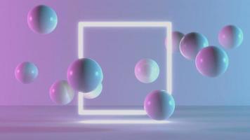 Product Stand blue pink violet neon square abstract background, studio modern ultraviolet light. Ball in room pastel, Glowing podium, performance stage decorations, Stage of sphere light. 3d rendering video