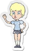 retro distressed sticker of a cartoon pretty girl waving vector