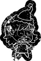 cartoon distressed icon of a shocked elf girl wearing santa hat vector