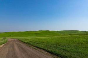 A picturesque view of the green steppe hills, pastures stretching into the distance. photo