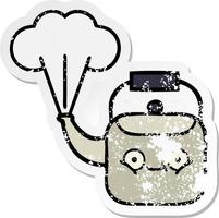 distressed sticker of a cute cartoon steaming kettle vector