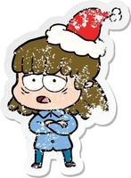 distressed sticker cartoon of a tired woman wearing santa hat vector