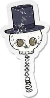 retro distressed sticker of a cartoon spooky skull in top hat vector