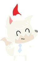 flat color illustration of a friendly fox wearing santa hat vector