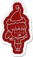 cartoon  sticker of a tired woman wearing santa hat vector