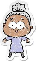 distressed sticker of a cartoon happy old woman vector