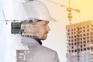Future building construction engineering project concept with double exposure graphic design. Building engineer, architect people or construction worker working with modern civil equipment technology. photo