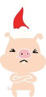 flat color illustration of a angry pig wearing santa hat vector