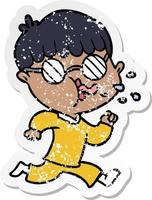pegatina angustiada de un niño caricaturista con gafas y corriendo vector