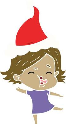 flat color illustration of a girl pulling face wearing santa hat
