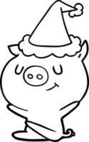 dibujo de línea feliz de un cerdo con sombrero de santa vector